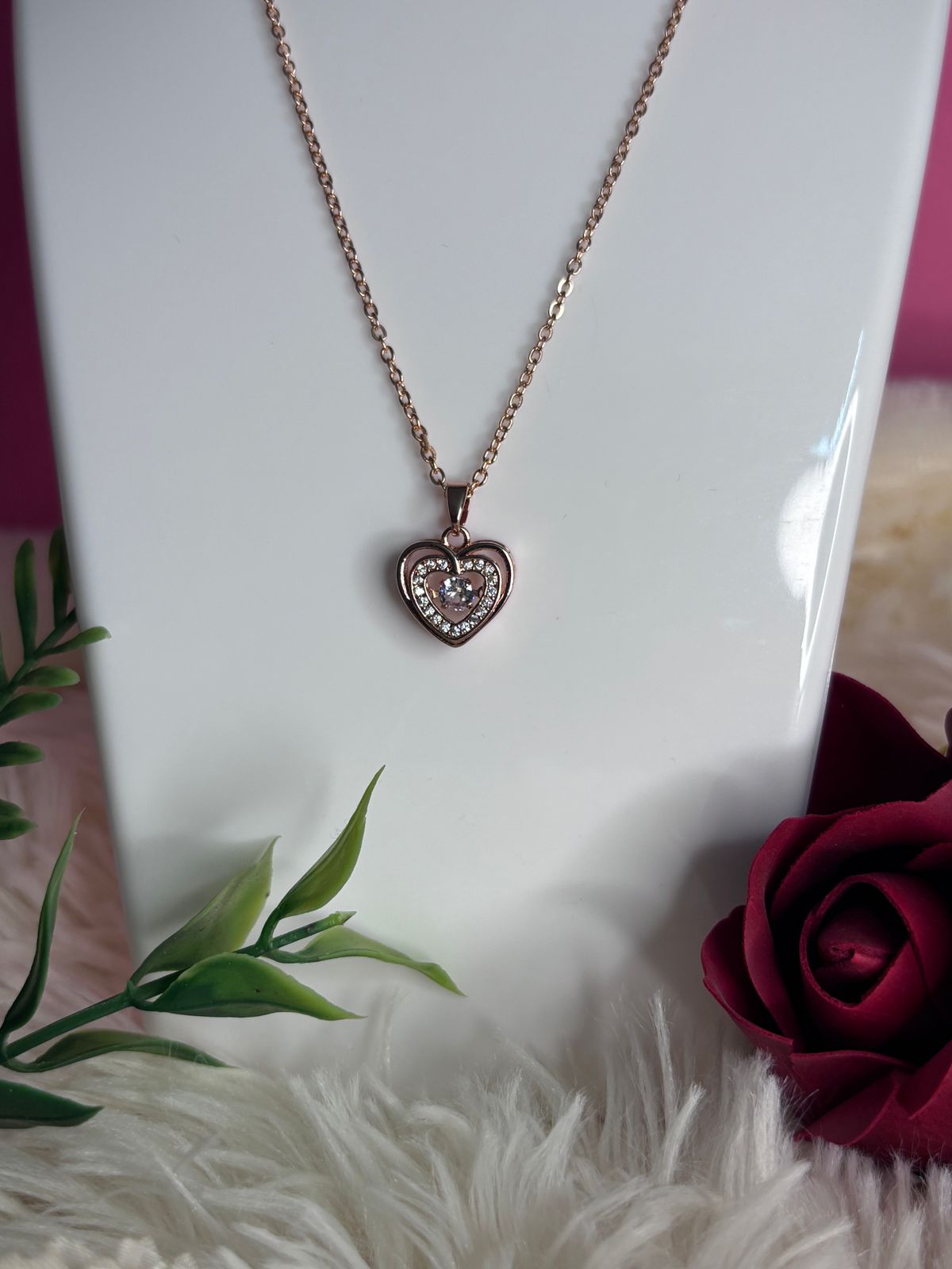 Rose Gold Heart Pendant with Crystal Center