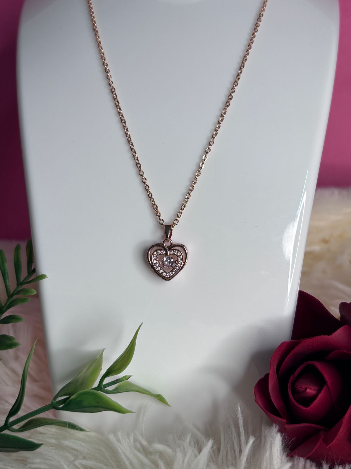 Rose Gold Heart Pendant with Crystal Center